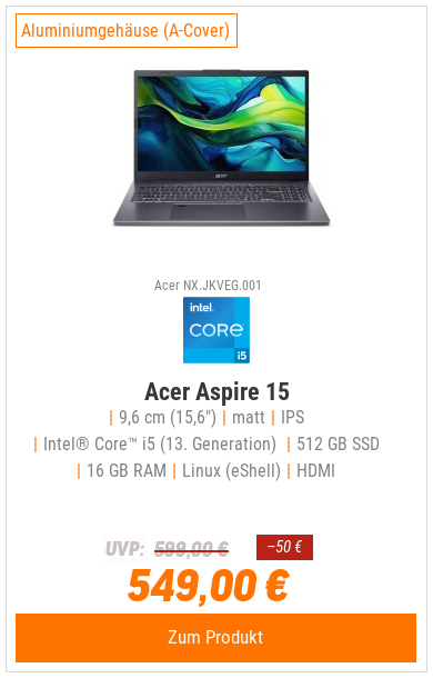Acer Aspire 15 (A15-51M-59CE) 15,6" Full-HD, IPS, Intel i5-13420H, 16GB RAM, 512GB SSD, Linux (eShell)