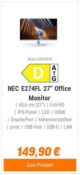 NEC E274FL Office Monitor VA, 69 cm (27 Zoll), 250 cd/m², 1x HDMI, 1x DP, USB-HUB, USB-C, LAN