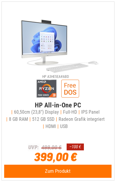 HP All-in-One PC 24-cr0110ng 60,45cm (23,8") FHD-Display, AMD Ryzen 3 7320U, 8GB DDR5 RAM, 512GB SSD, AMD Radeon, DOS