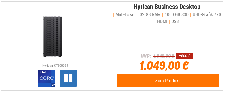 Hyrican Business Desktop PC CTS00925 Intel Core i9-14900K, 32GB RAM, 1TB M.2 SSD, Intel UHD Grafik, Windows 11 Pro