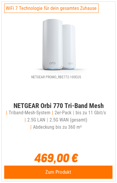 NETGEAR Orbi 770 Serie WiFi 7 Mesh-System 2er-Pack WLAN BE10800 Triband, 5x 2.5G LAN, 1x 2.5G WAN, Abdeckung bis zu 360 m²