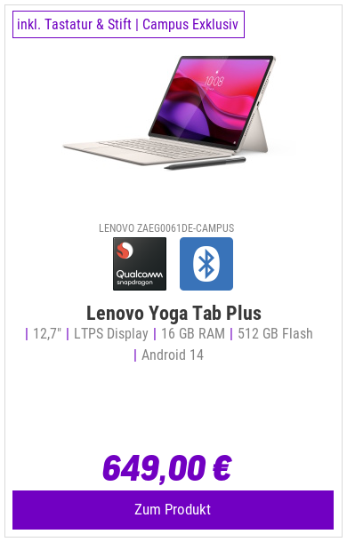 Lenovo Yoga Tab Plus (FL) - ZAEG0061DE-CAMPUS 12,7" 3K Touch, Qualcomm Snapdragon 8 Gen 3, 16GB RAM, 512GB UFS, Android 14, Campus Exklusiv