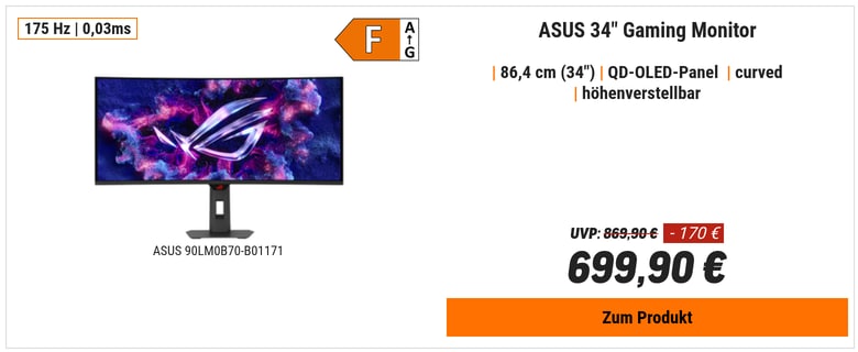 ASUS ROG Strix XG34WCDG 34" Gaming Monitor - QD?OLED, UWQHD 175Hz, Curved, Ultrawide