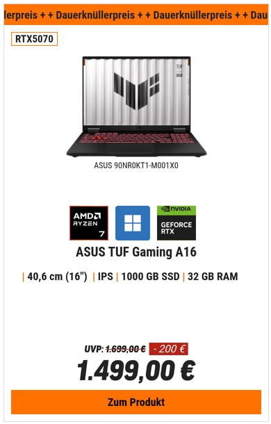 ASUS TUF Gaming A16 FA608UP-RV019W - 16" WUXGA IPS, 165Hz, AMD Ryzen 7-260, 32GB RAM, 1TB SSD, GeForce RTX 5070, Windows 11