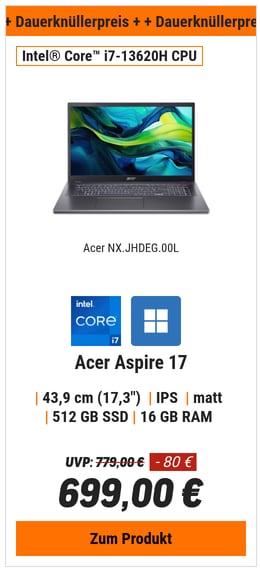 Acer Aspire 17 (A17-51M-71CB) 17,3" Full-HD, IPS, Intel i7-13620H, 16GB RAM, 512GB SSD, Windows 11