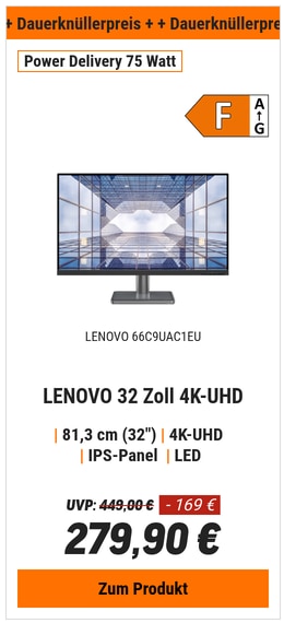 Lenovo L32p-30 4K-UHD Monitor - IPS-Panel, USB-C-Delivery 75W AMD FreeSync, Lautsprecher
