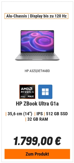 HP ZBook Ultra G1a A3ZQ3ET 14" WUXGA IPS, AMD Ryzen AI Max PRO 385 (8 Core CPU, 32 Core GPU), 32GB RAM, 512GB SSD, Windows 11 Pro
