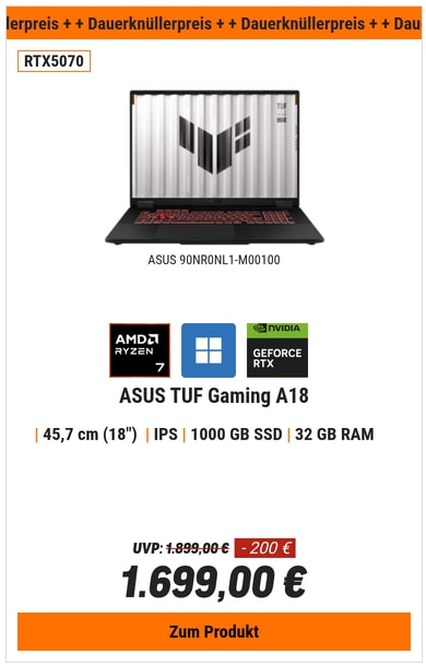 ASUS TUF Gaming A18 FA808UP-S8022W - 18" WUXGA IPS 144Hz, AMD Ryzen 7-260, 32GB RAM, 1000GB SSD,  GeForce RTX 5070, Windwos 11 Home