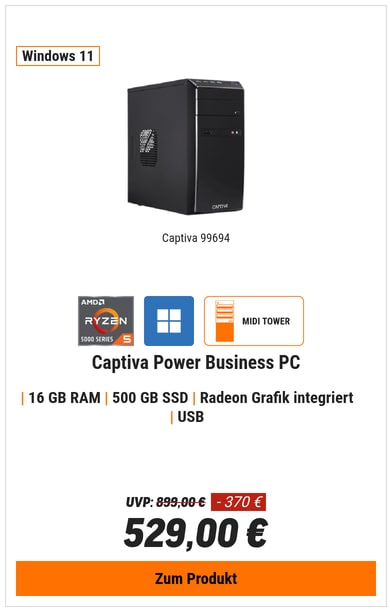 Captiva Power Starter R99-694 Desktop PC AMD Ryzen 5 5500GT, 16GB RAM, 500GB M.2 SSD, Radeon Grafik, Windows 11