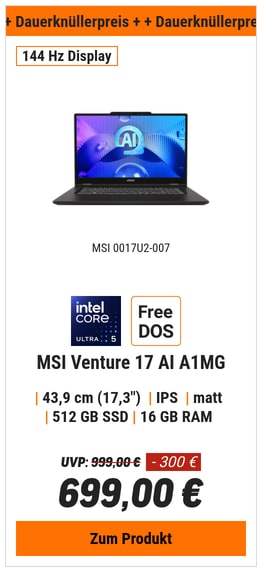 MSI Venture 17 AI A1MG-007 - 17,3" FHD 144 Hz Display, Intel Core Ultra 5 125H, 16GB DDR5 RAM, 512GB SSD, FreeDOS