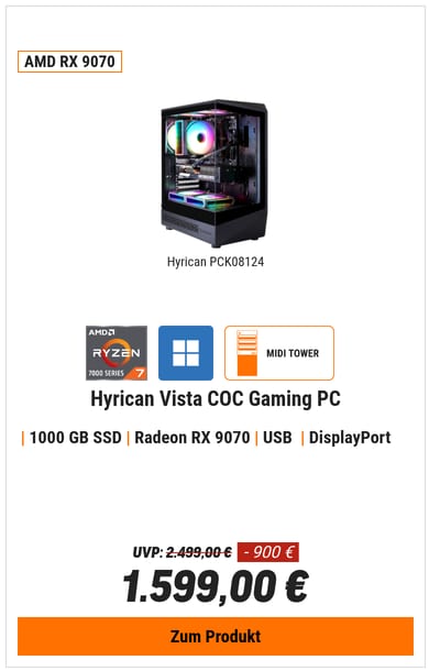HYRICAN Vista COC 8124 AMD Ryzen 7 5700X, 16GB RAM, 1TB M.2 SSD, AMD Radeon RX 9070 (16GB GDDR6), Windows 11 Home