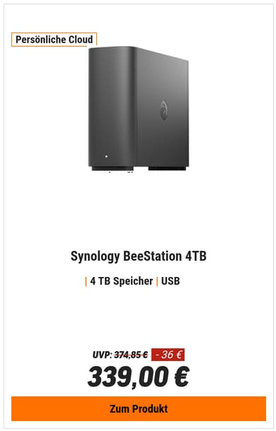 Synology BeeStation 4TB Persönliche Cloud 1x Gigabit Ethernet, 1x USB-A, 1x USB-C, 1GB RAM