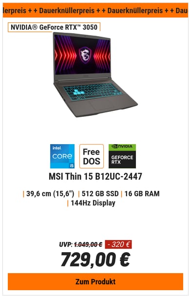 MSI Thin 15 B12UC-2447 - 15,6" FHD 144Hz Display, Intel Core i5-12450H, 16GB RAM, 512GB SSD, NVIDIA RTX 3050, FreeDOS