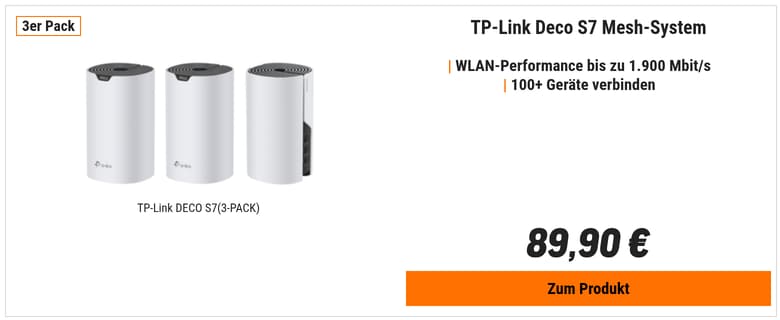 TP-Link Deco S7 WiFi 5 Mesh System, 3er Set AC1900 Dual-Band, 3x Gigabit Ethernet Ports (pro Einheit)