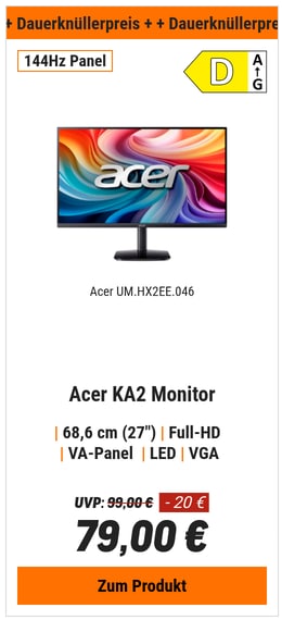 Acer KA2 (KA272P0BI) 27,0" Full-HD Monitor 68,6 cm (27,0 Zoll), VA, 144Hz, 99% sRGB Farbraum, 1x VGA, 1x HDMI