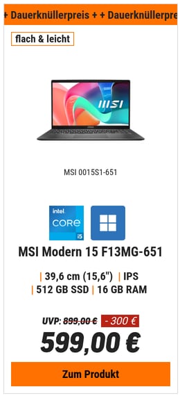 MSI Modern 15 F13MG-651 - 15,6" FHD Display, Intel Core i5-1334U, 16GB RAM, 512GB SSD, Windows 11 Home