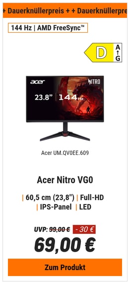 Acer Nitro VG0 (VG240YP6bip) 23,8" Full-HD Gaming Monitor 60,5 cm (23,8"), IPS, 144Hz, 99% sRGB, 1x HDMI, 1x DP