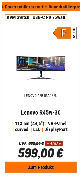 Lenovo R45w-30 Ultra Wide - Curved, 170Hz, 1ms, HDMI 2.1 PIP/PBP, True Split