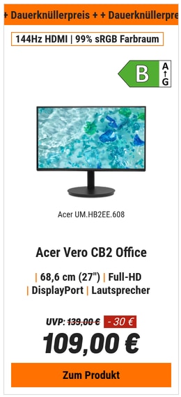 Acer Vero CB2 (CB272P6bmiprx) 27" Full-HD Office Monitor 68,6 cm (27"), IPS, 144Hz, 99% sRGB, 1x VGA, 1x HDMI, 1x DP, Audio In/Out, Lautsprecher, Höhe