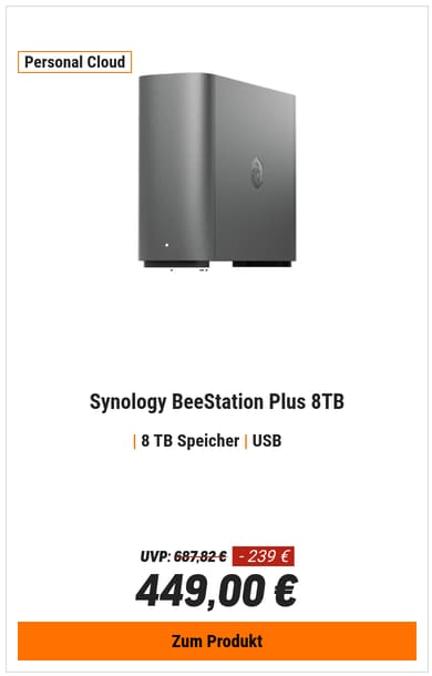 Synology BeeStation Plus 8TB Persönliche Cloud 1x Gigabit Ethernet, 1x USB-A, 1x USB-C, 4GB RAM