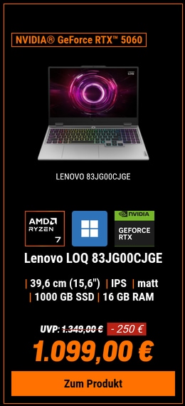 Lenovo LOQ 83JG00CJGE - 15.6" FHD, 144Hz, AMD Ryzen™ 7 250, 16GB RAM, 1TB SSD, NVIDIA® GeForce RTX™ 5060, Windows 11