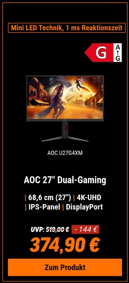 AOC U27G4XM 27 Zoll - MiniLED Dual-Gaming Monitor Fast-IPS, MiniLED, 4K UHD, 320 Hz - 160 Hz