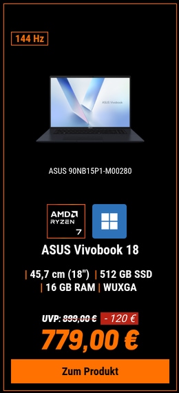 ASUS Vivobook 18 M1807HA-S8026W - 18" WUXGA IPS 144 Hz, AMD Ryzen 7-260, 16GB RAM, 512GB SSD, Windows 11