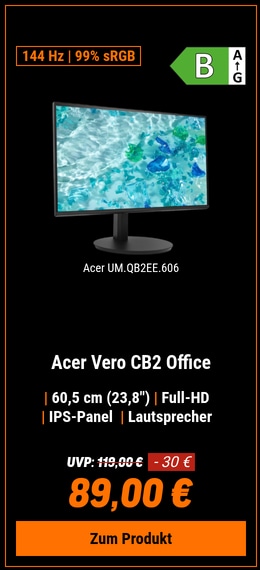 Acer Vero CB2 (CB242YP6bmiprx) 23,8" Full-HD Office Monitor 60,5 cm (23,8"), IPS, 144Hz, 99% sRGB, 1x VGA, 1x HDMI, 1x DP, Audio In/Out, Lautsprecher,