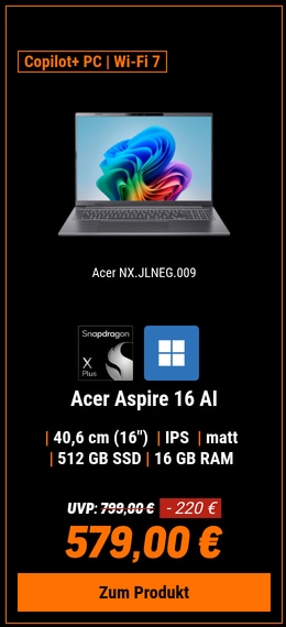 Acer Aspire 16 AI (A16-11M-X0X3) Copilot+ PC 16,0" WUXGA, IPS, 120Hz, Snapdragon X1-26-100 (45 TOPS), 16GB RAM, 512GB SSD, Windows 11