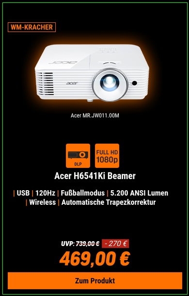 Acer H6541Ki Beamer mit 5.200 ANSI Lumen, Wireless, Full HD Wireless Projektion, Automatische Trapezkorrektur, integrierte Smart W-Lan Funktion, per S