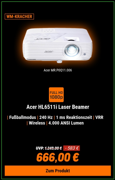 Acer HL6511i Full HD Laser-Beamer mit 4.000 ANSI Lumen, Wireless Laserlichtquelle, Gaming (240Hz), 1ms Reaktionszeit, VRR, Fußball Modus, Wireless Pro