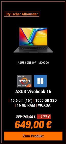 ASUS Vivobook 16 M1605YA-MB301W - 16" WUXGA IPS, AMD Ryzen R7-7730U, 16GB RAM, 1000GB SSD, Windows 11