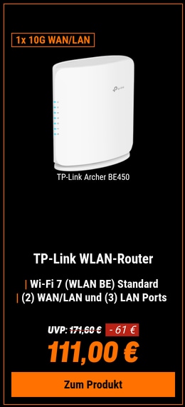 TP-Link Archer BE450 WiFi 7 Router BE7200 Dual-Band, 1x 10G WAN/LAN, 1x 2.5G WAN/LAN, 3x 1G LAN