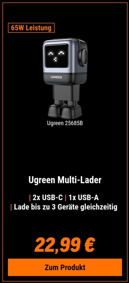 UGREEN GaN Fast Charger 65W Ladegerät 2x USB-C + 1x USB-A Smart-Display Robot Design schwarz