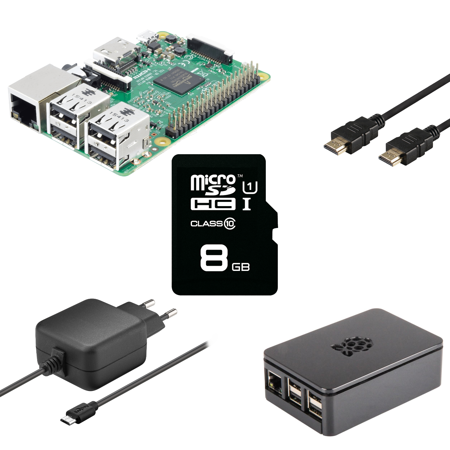 Raspberry Pi 3 Multimedia Bundle (Pi 3 Model B + Gehäuse + Netzteil + 8 GB Speicherkarte + HDMI-Kabel)